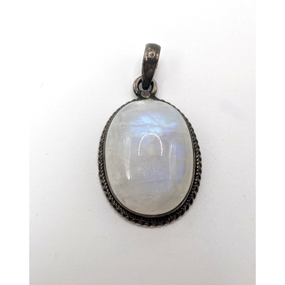 Rainbow Moonstone Pendant 925 Sterling Silver Oval Cabochon 1.5" Boho Vintage
